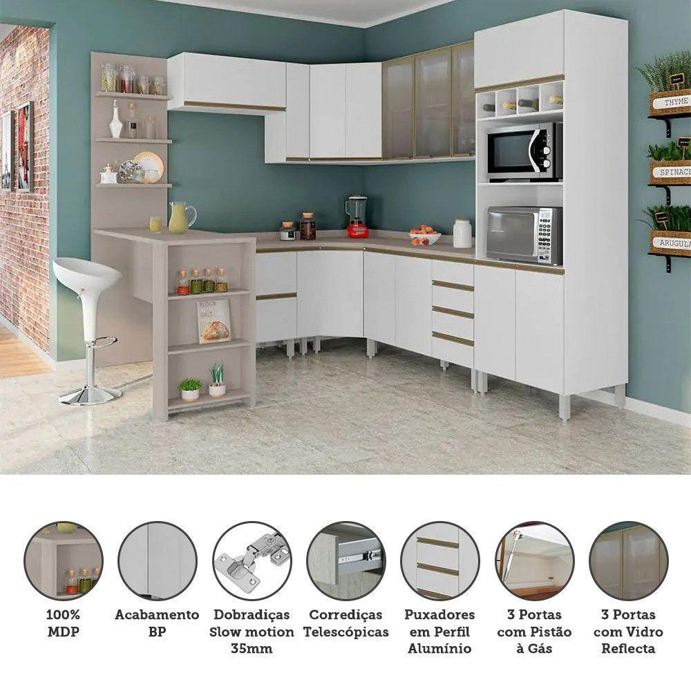 Armário De Cozinha Completa 10 Pçs Com Vidro Tampo Bancada Pérola Móveis Com Branco Polar E Connect - 2