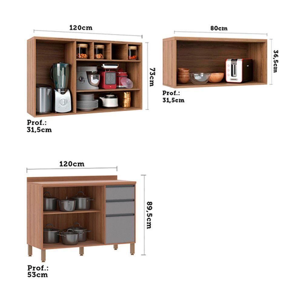 Armário De Cozinha 3 Peças Com Tampo Com Cinza - 6