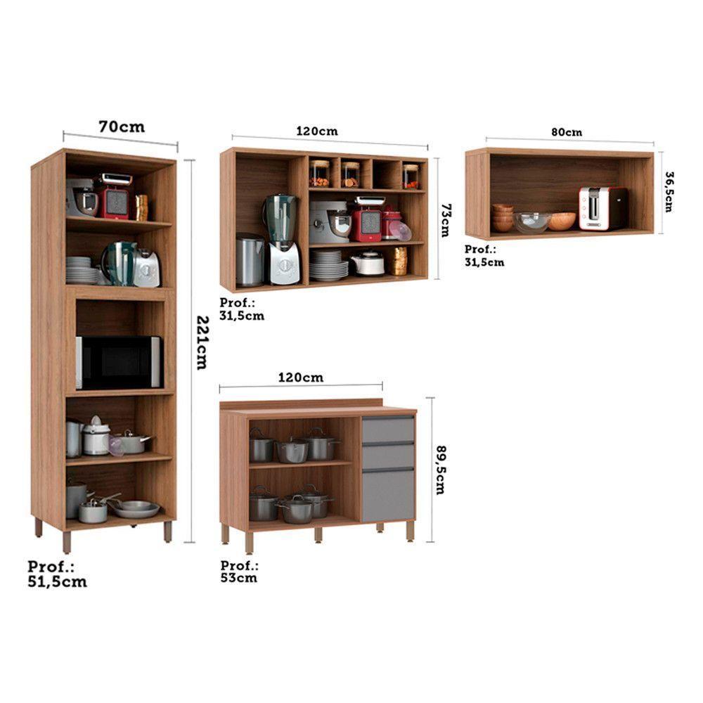 Armário De Cozinha Com 4 Peças E Tampo Com Cinza - 6