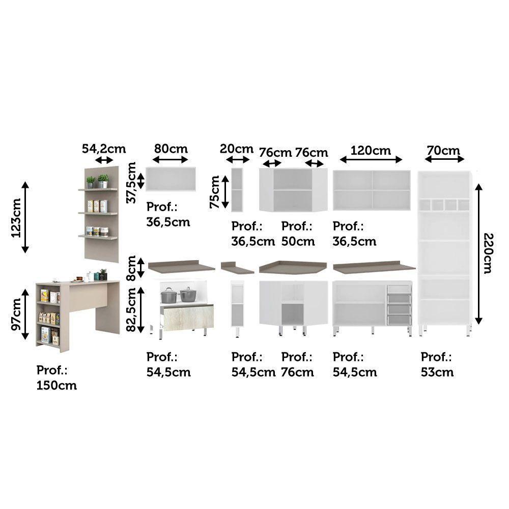 Armário De Cozinha Completa 10 Pçs Com Vidro Tampo Bancada Pérola Móveis Branco Polar Crema Connect - 3