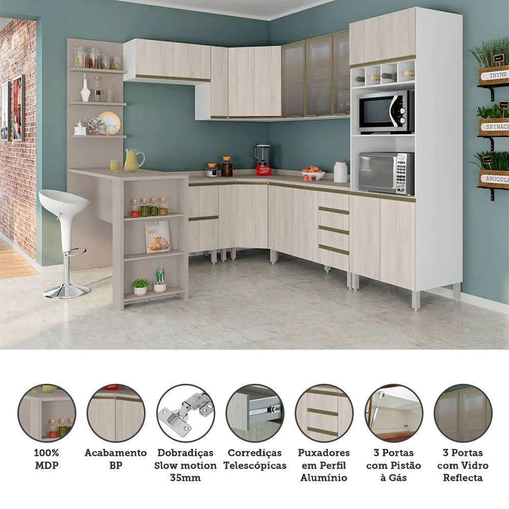 Armário De Cozinha Completa 10 Pçs Com Vidro Tampo Bancada Pérola Móveis Branco Polar Crema Connect - 4