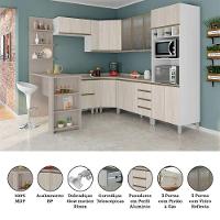 Armário De Cozinha Completa 10 Pçs Com Vidro Tampo Bancada Pérola Móveis Branco Polar Crema Connect - 7