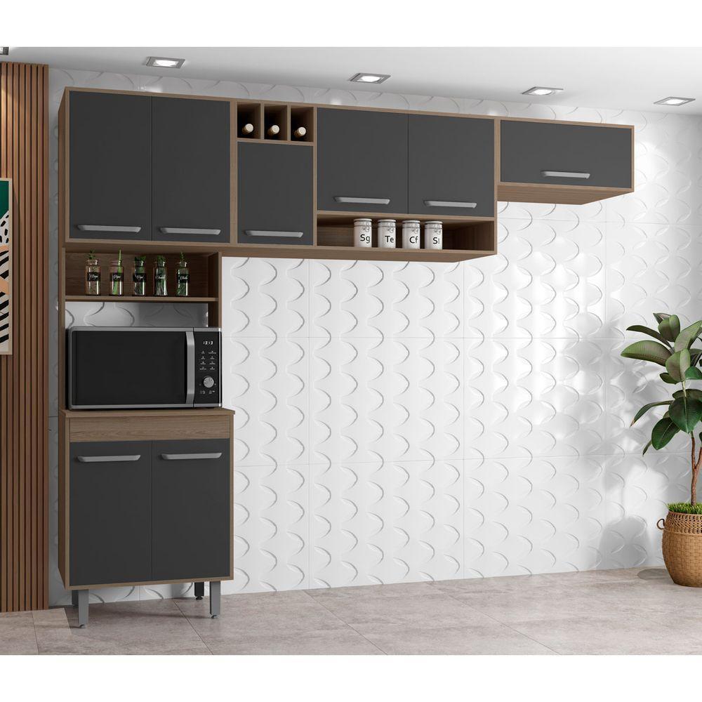 Cozinha Compacta 3 Peças Com 8 Portas E Paneleiro Duplo Barcelona Cor Carvalho Oak Grafite Poliman Móveis - 4