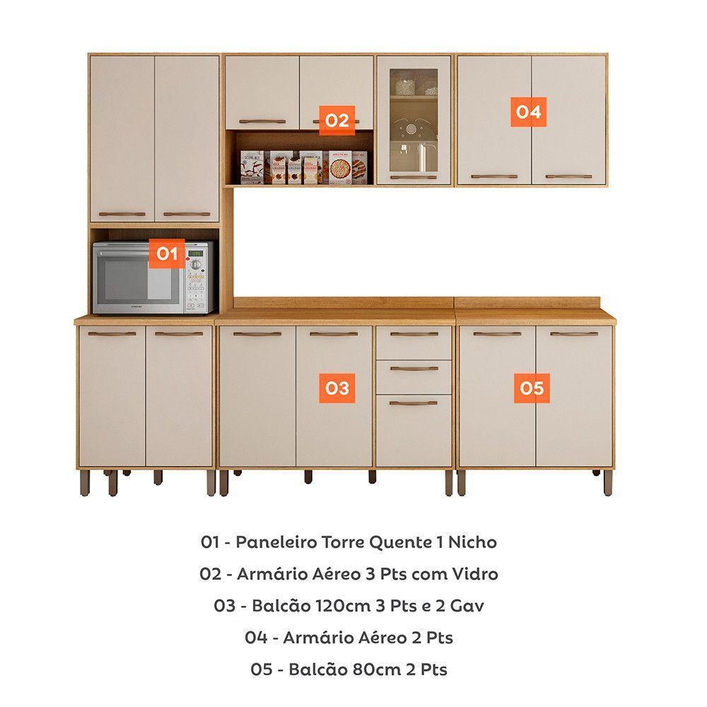 Cozinha Completa 5 Peças Detalhe Vidro áustria Valdemóveis Cinamomo/off White - 5