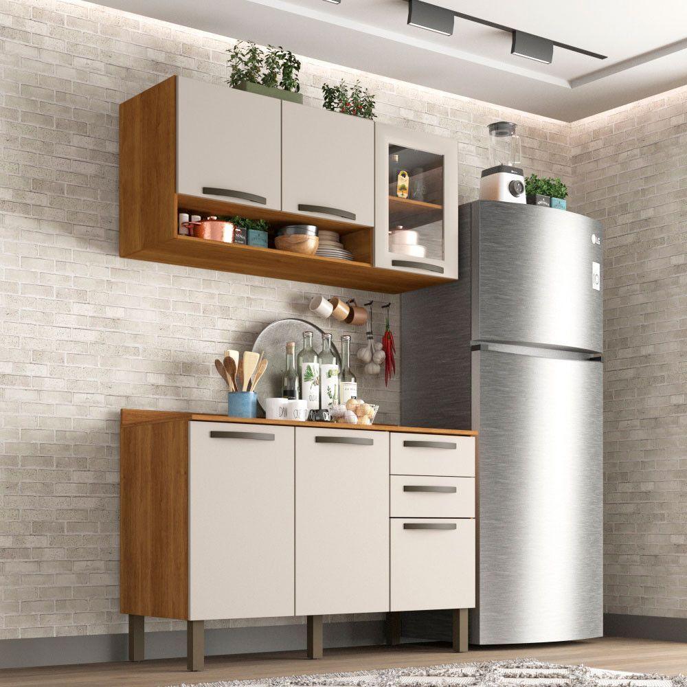 Cozinha Compacta Valencia Com Vidro 2 Peças 6 Portas 2 Gavetas Salleto Moveis Cinamomo Com Off White - 1