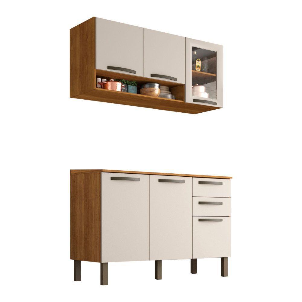Cozinha Compacta Valencia Com Vidro 2 Peças 6 Portas 2 Gavetas Salleto Moveis Cinamomo Com Off White - 6