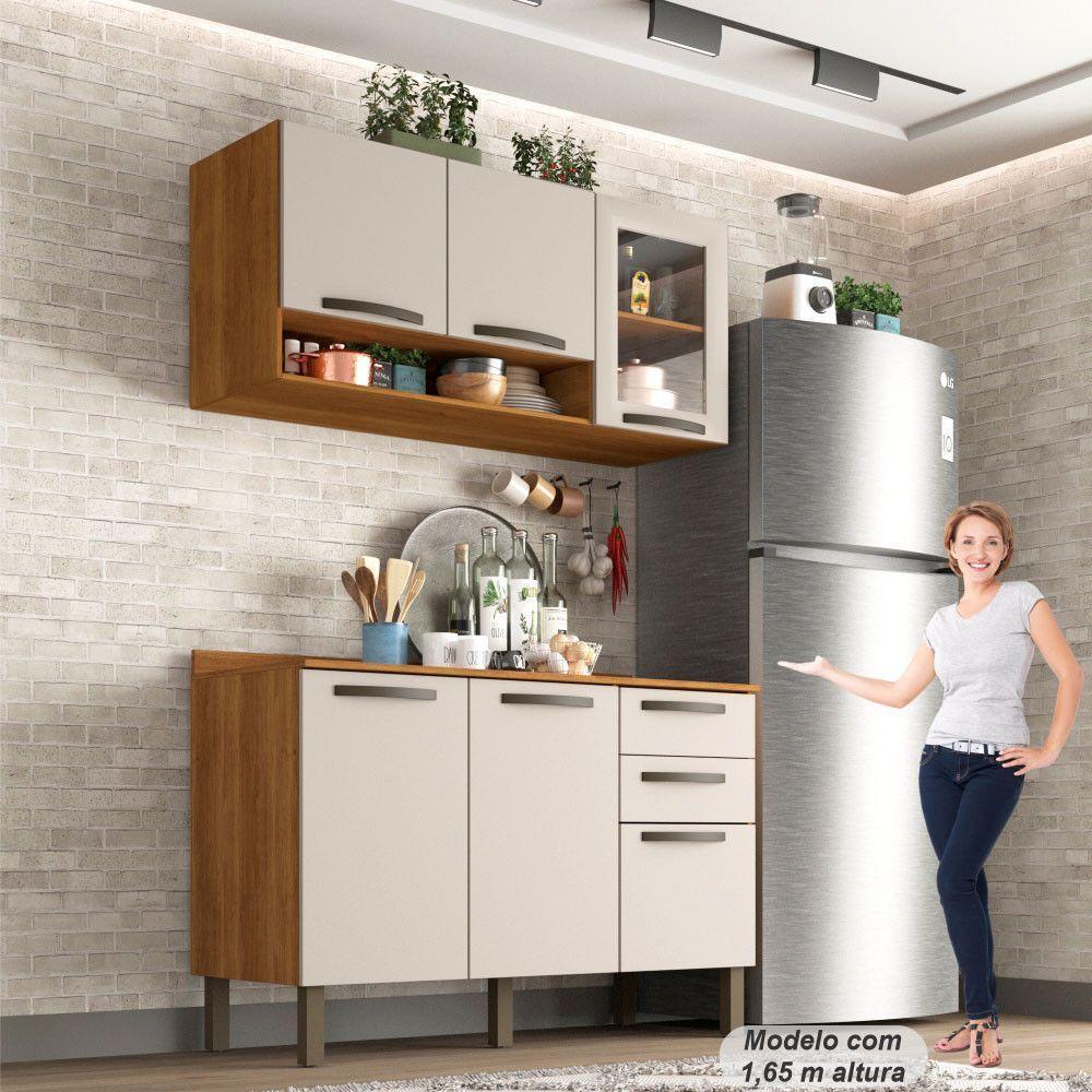 Cozinha Compacta Valencia Com Vidro 2 Peças 6 Portas 2 Gavetas Salleto Moveis Cinamomo Com Off White - 8