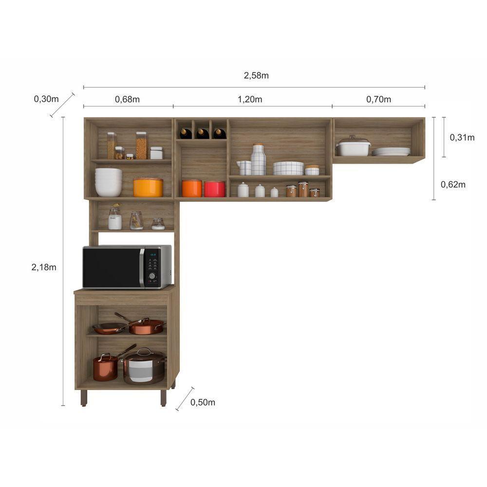 Cozinha Compacta 3 Peças Com 8 Portas E Paneleiro Duplo Barcelona Cor Carvalho Oak Off White Poliman Móveis - 2