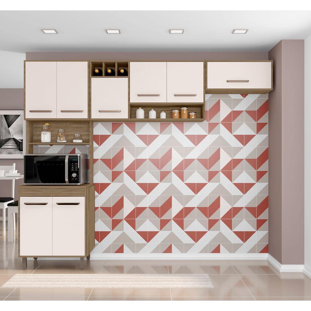 Cozinha Compacta 3 Peças Com 8 Portas E Paneleiro Duplo Barcelona Cor Carvalho Oak Off White Poliman Móveis - 4