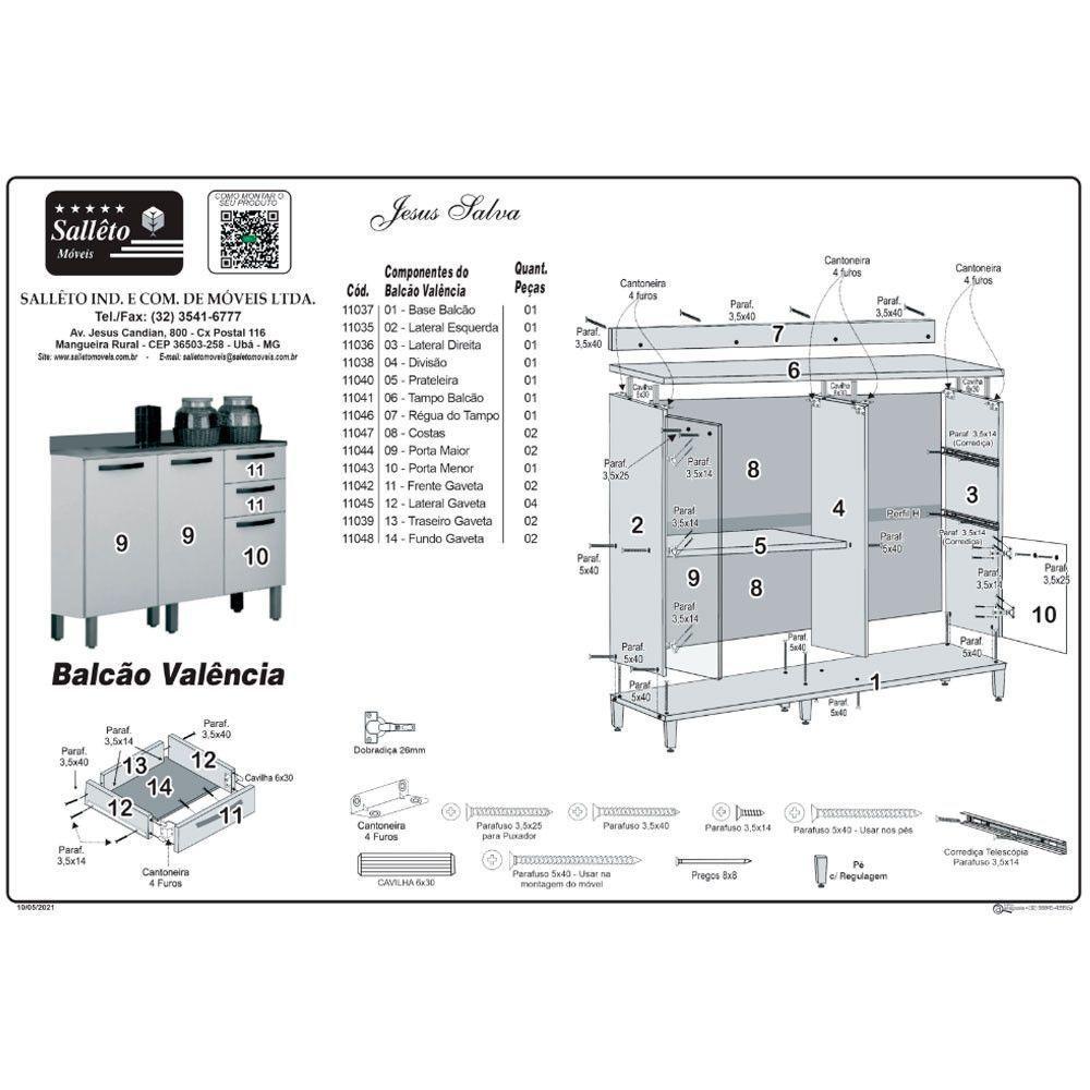 Cozinha Compacta Valencia Com Vidro 2 Peças 6 Portas 2 Gavetas Salleto Moveis Branco - 2