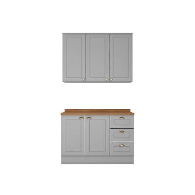 Cozinha Compacta Amy 5 Portas 3 Gavetas MDF 120 cm Cinza com Corrediças Telescópicas