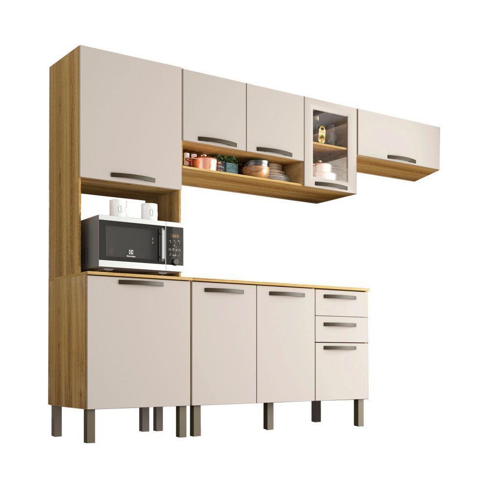 Cozinha Compacta Valencia Com Vidro 4 Peças 9 Portas 2 Gavetas Salleto Moveis Carvalho/off White - 3