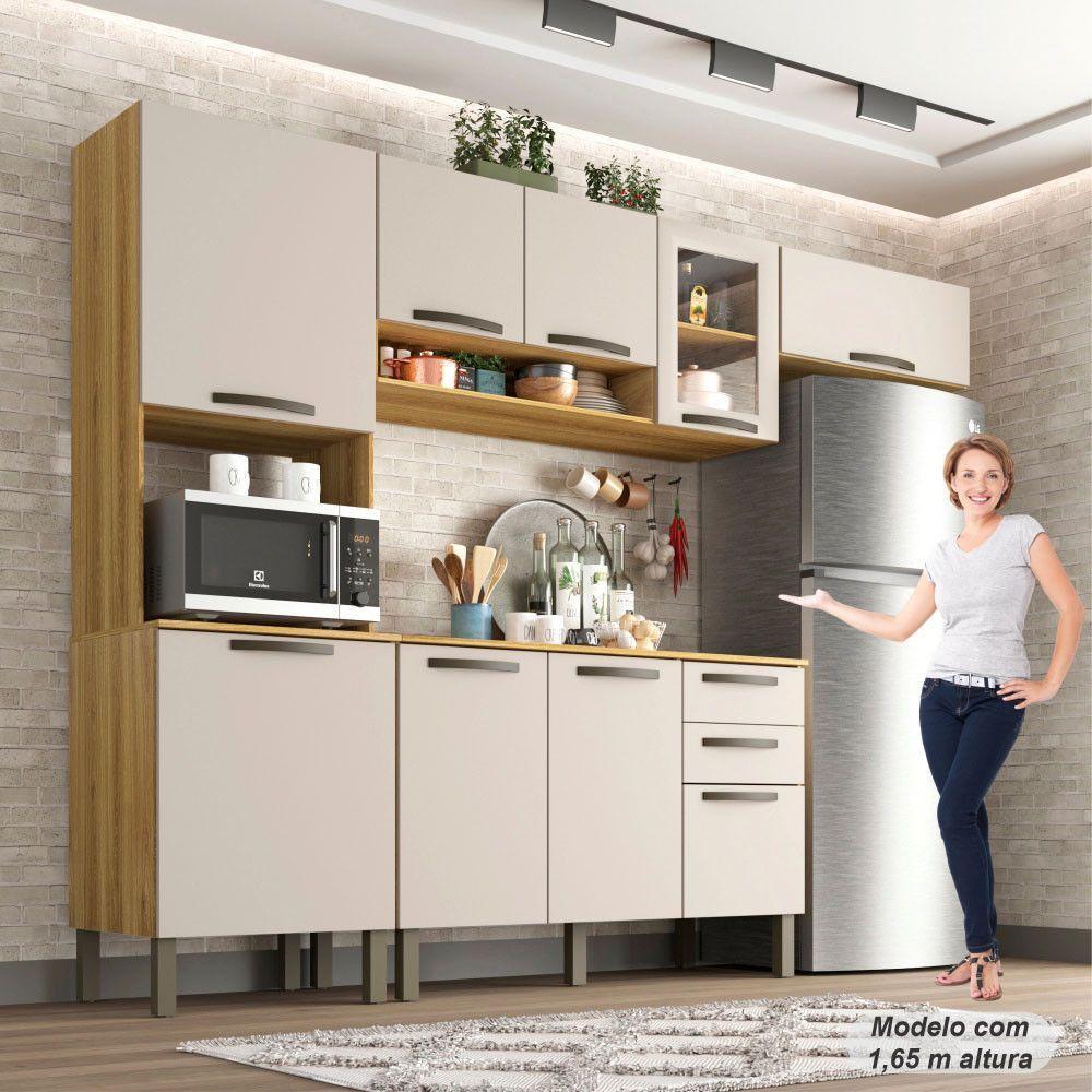 Cozinha Compacta Valencia Com Vidro 4 Peças 9 Portas 2 Gavetas Salleto Moveis Carvalho/off White - 8