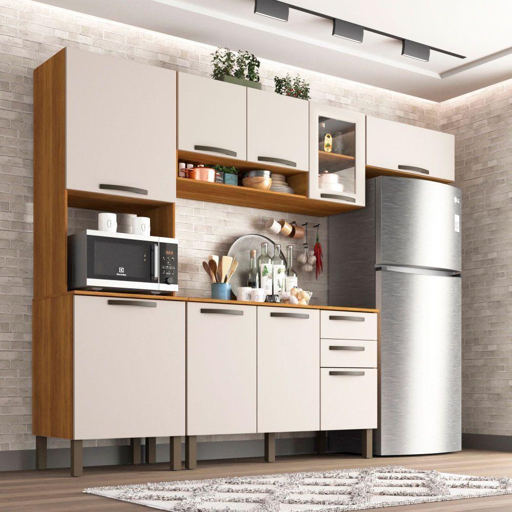 Cozinha Compacta Valencia Com Vidro 4 Peças 9 Portas 2 Gavetas Salleto Moveis Cinamomo Com Off White - 1