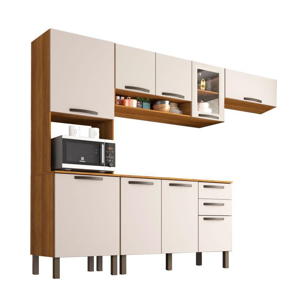 Cozinha Compacta Valencia Com Vidro 4 Peças 9 Portas 2 Gavetas Salleto Moveis Cinamomo Com Off White - 4