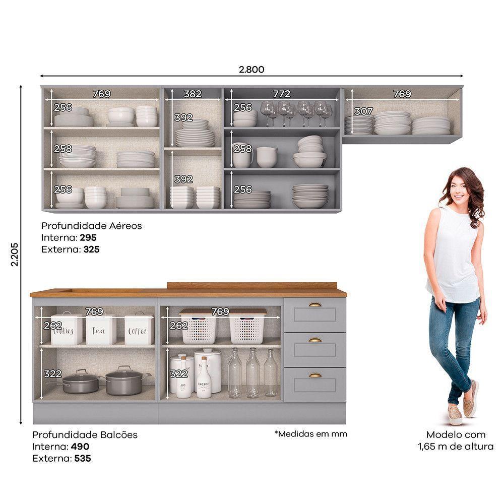 Cozinha Compacta 5 Peças Com Aéreo 3 Portas Com Vidro Amy Casa 812 Cinza - 4