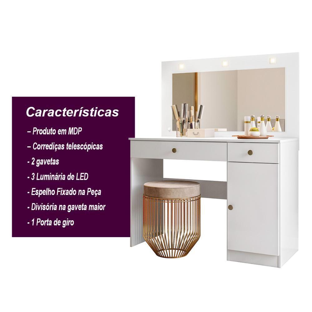 Penteadeira Camarim Com Led 2 Gavetas 1 Porta Branco Bella - 4