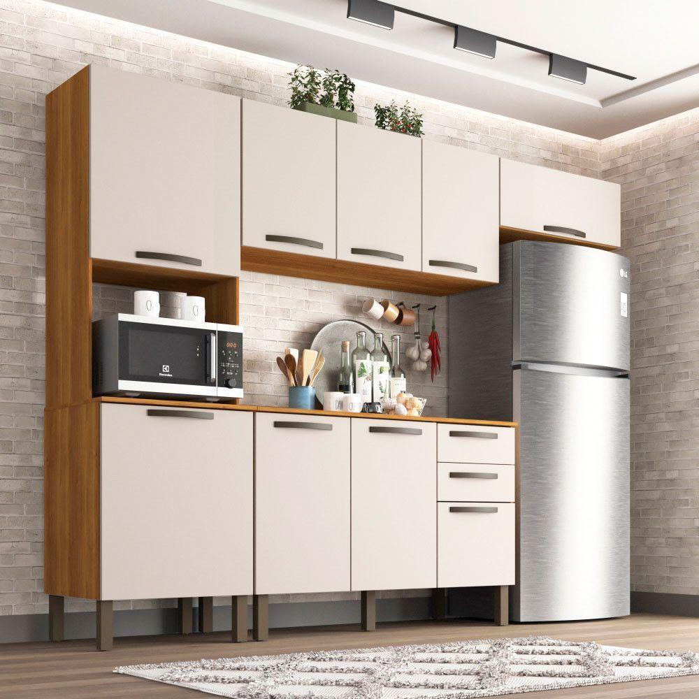 Cozinha Compacta Valencia 4 Peças 9 Portas 2 Gavetas Salleto Moveis Cinamomo Com Off White - 1