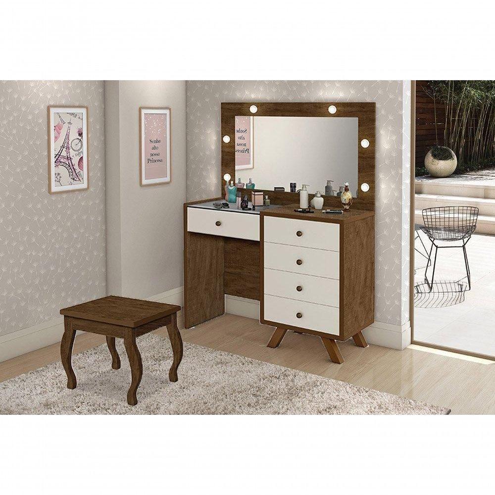 Penteadeira Camarim Com Espelho E Led Com Banqueta Luna Malbec / Off White - Luapa - 1
