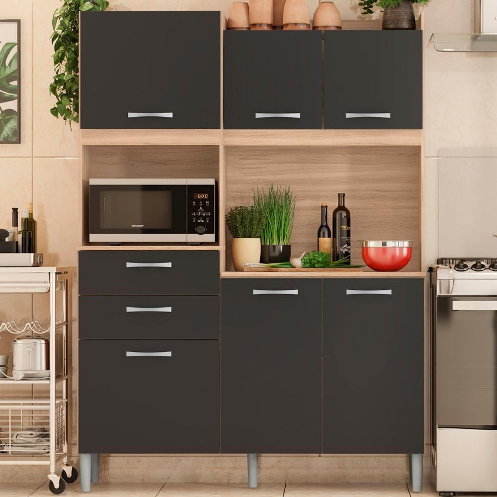 Cozinha 6 Portas 2 Gavetas Harmonia 96201 Avena Grafito - 1