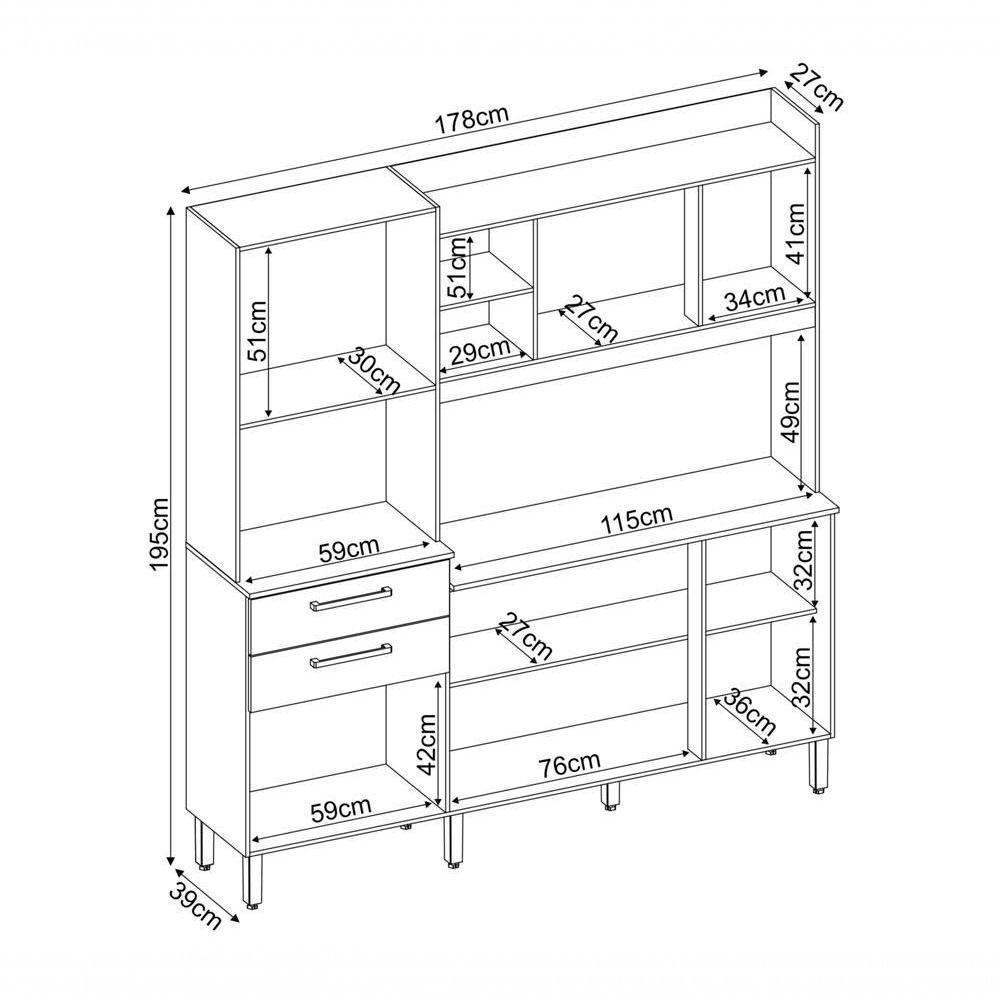 Cozinha 6 Portas 2 Gavetas Selecta 96211 Avena Grafito - 3