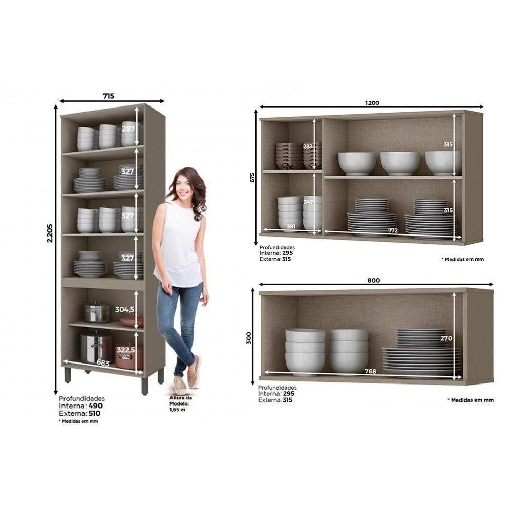 Kit de Cozinha Modulada 3 Peças Connect  (2 Armários + 1 Cristaleira) CPT13 Duna/Cristal - Henn - 3