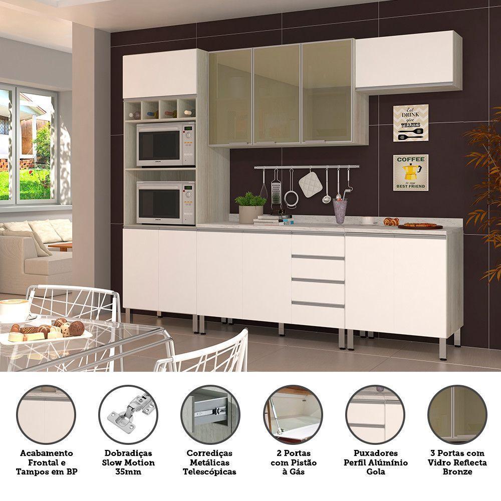Cozinha Completa 5 Peças Com Tampo E Vidro Reflecta Lis Legno Crema Com Branco Mat - 5