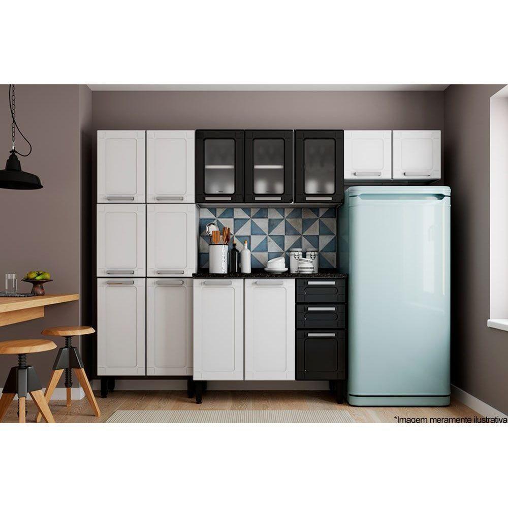 Kit de Cozinha Completa 4 Peças Múltipla  (2 Armários + 1 Balcão + 1 Paneleiro) C4P77 Branco/Preto - Bertolini - 1