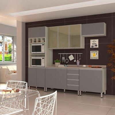 Cozinha Completa 5 Peças Lis 11 Portas 4 Gavetas MDF 120cm Cinza Contemporânea