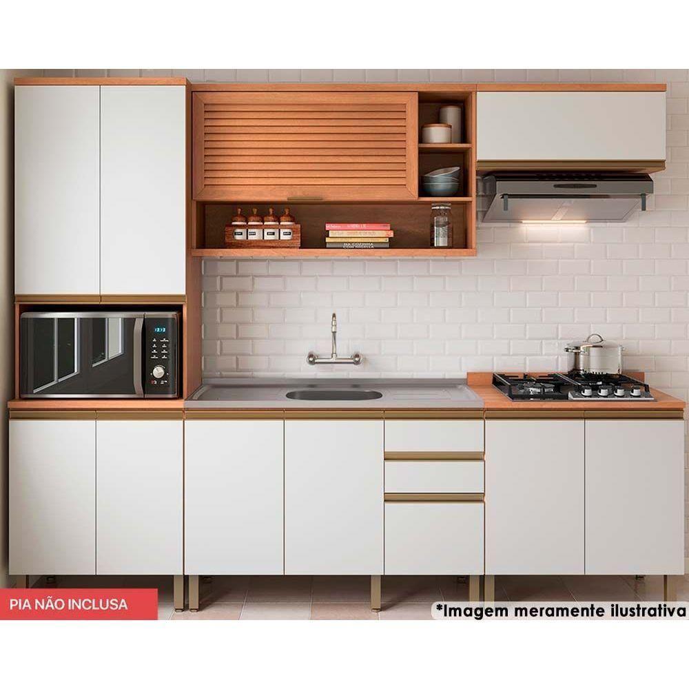 Cozinha Completa Completa Thela Macadâmia (2 Aéreos + 2 Balcões + 1 Paneleiro) 5 Peças Freijo/Branco - Telasul - 1