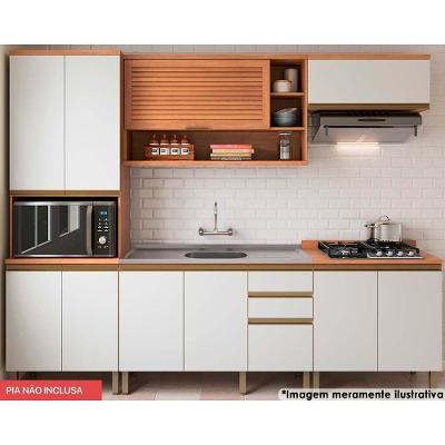Cozinha Completa Thela Macadâmia em Madeira 120cm Branco com Freijo com Tampo Kit 5 Peças