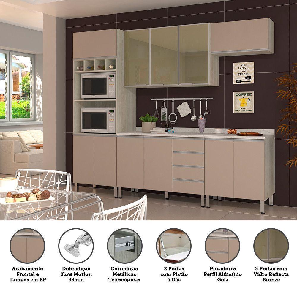 Cozinha Completa 5 Peças Com Tampo E Vidro Reflecta Lis Legno Crema Com Connect - 3
