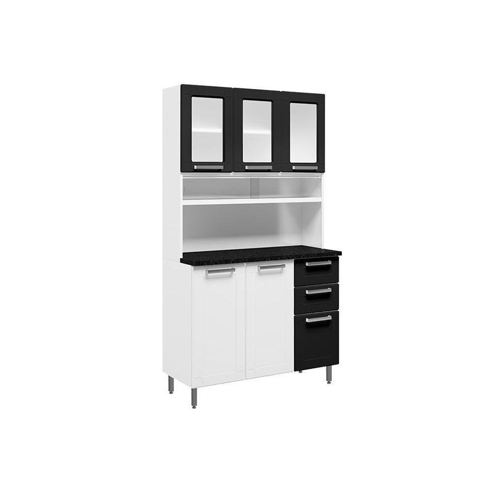 Kit de Cozinha Compacta Múltipla c/ 6 Portas (3 c/ Vidro) e 2 Gavetas 105cm Branco/Preto - Bertolini - 1