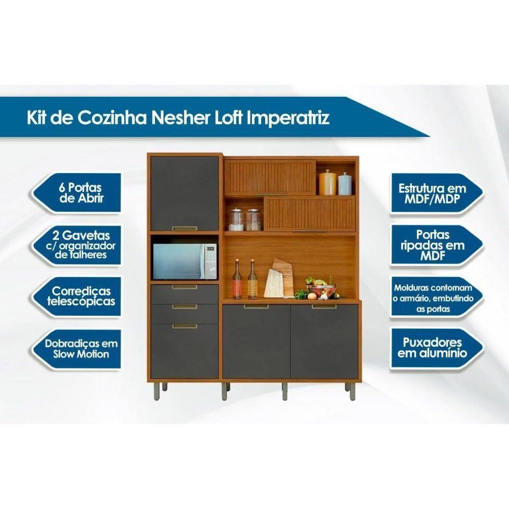 Kit de Cozinha Compacta Loft Imperatriz c/ 6 Portas e 2 Gavetas Freijo/Grafite - Nesher - 2