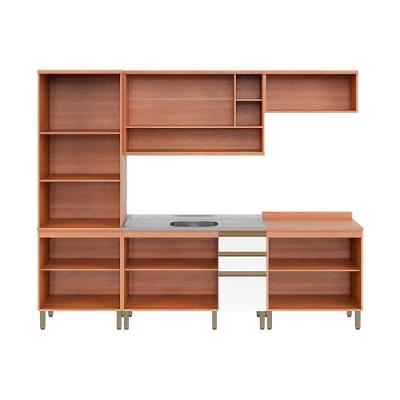 Cozinha Completa Thela Macadâmia Madeira 120cm Branco com Nicho para Forno e Micro-Ondas