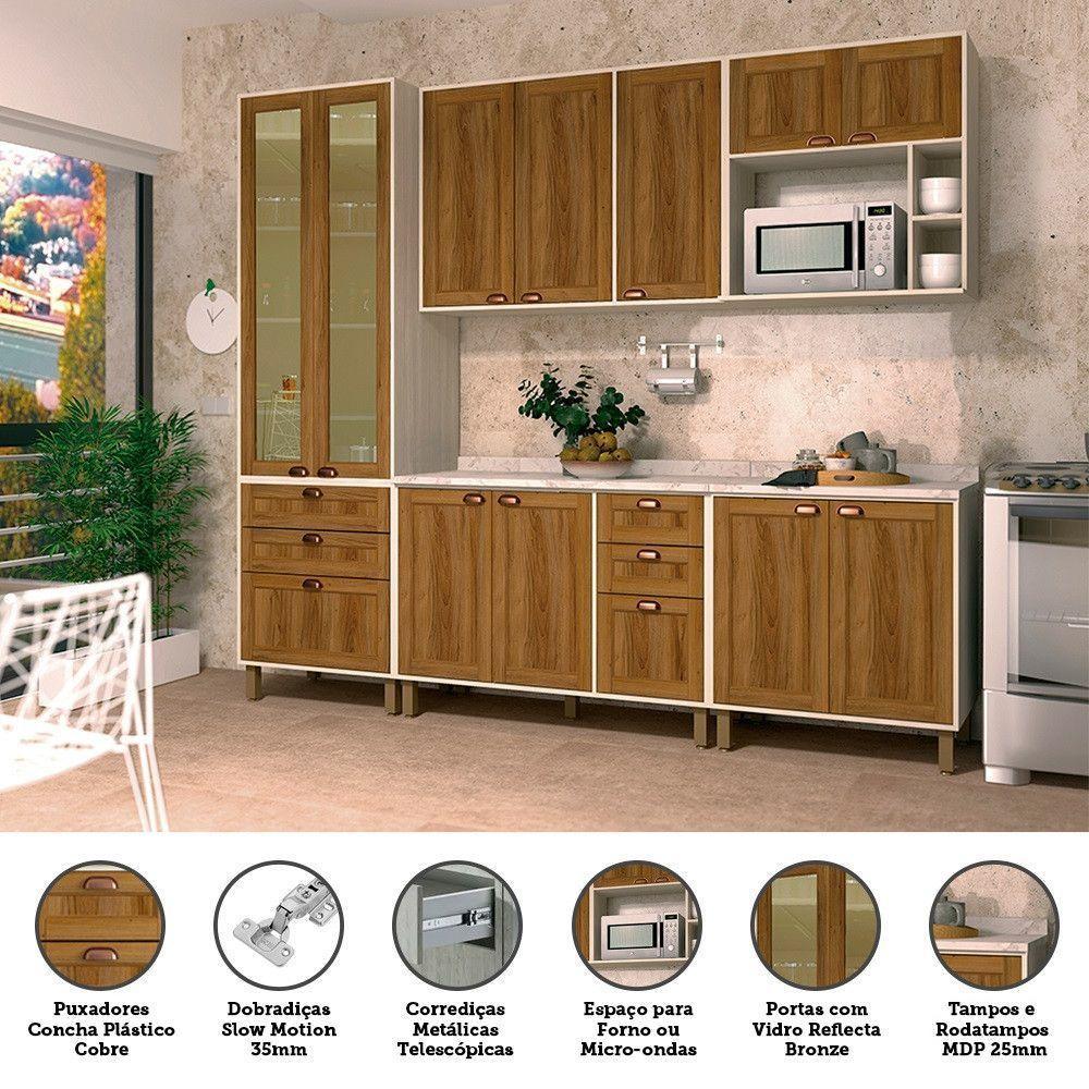 Cozinha Modulada Completa 5 Peças Com Tampo E Vidro Reflecta Sofia Pátina Com Moscatto - 5