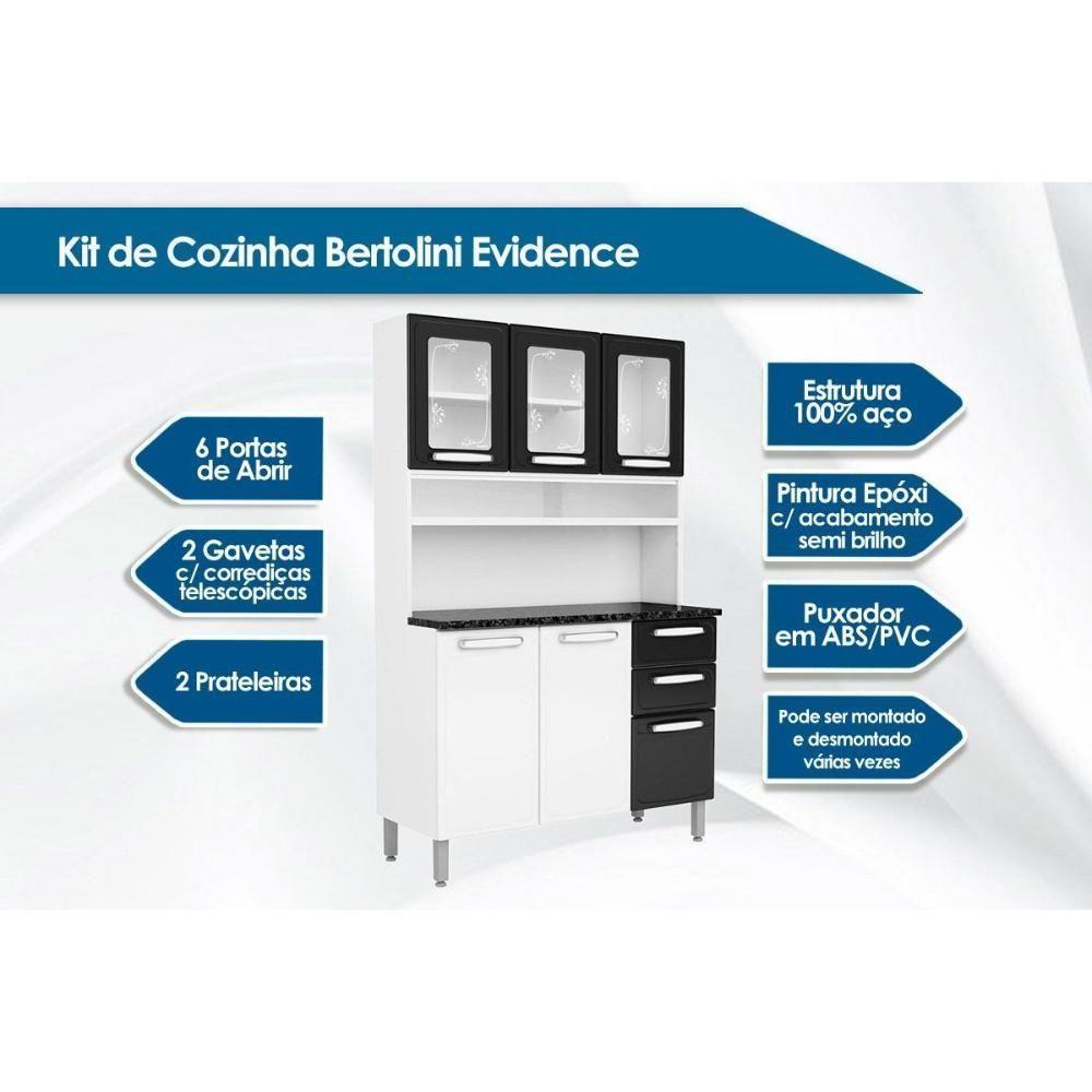 Kit de Cozinha Compacta Evidence c/ 6 Portas (3 c/ Vidro) e 2 Gavetas 120cm Branco/Preto - Bertolini - 3