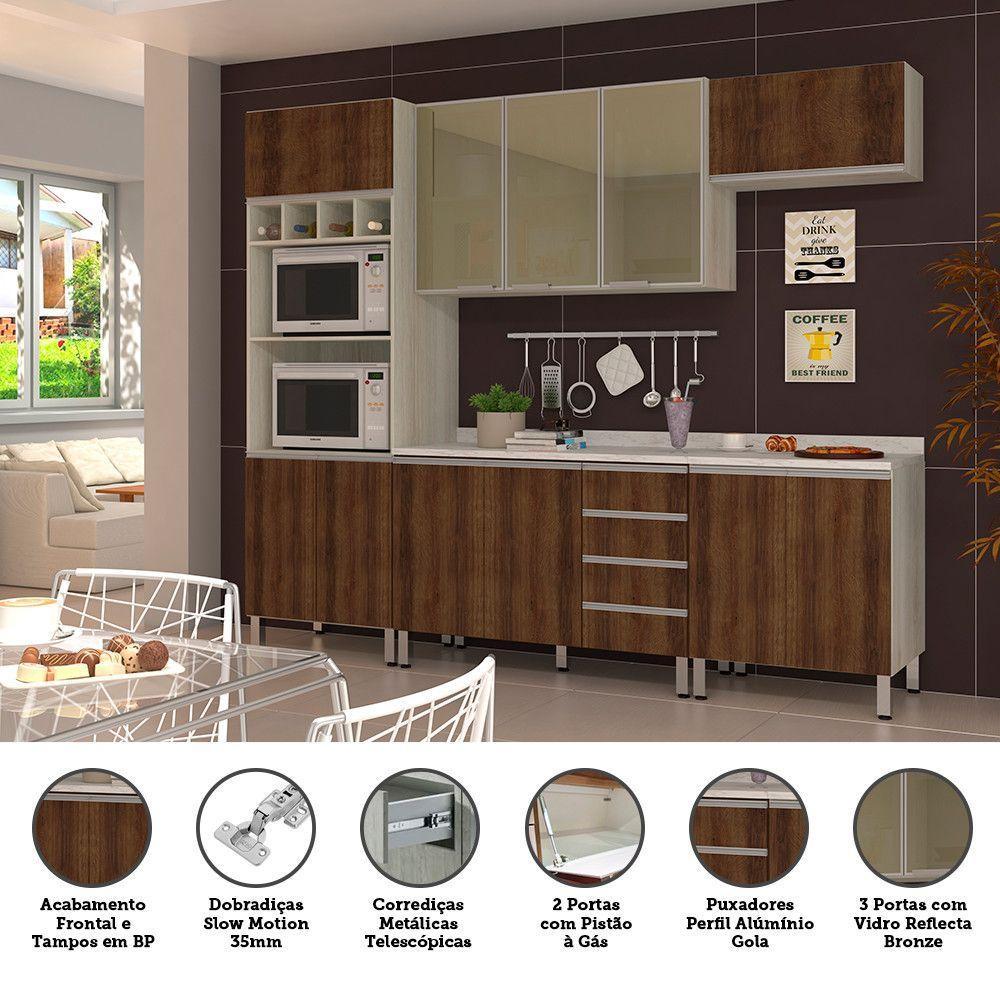 Cozinha Completa 5 Peças Com Tampo E Vidro Reflecta Lis Legno Crema Com Nogueira Dourado - 3