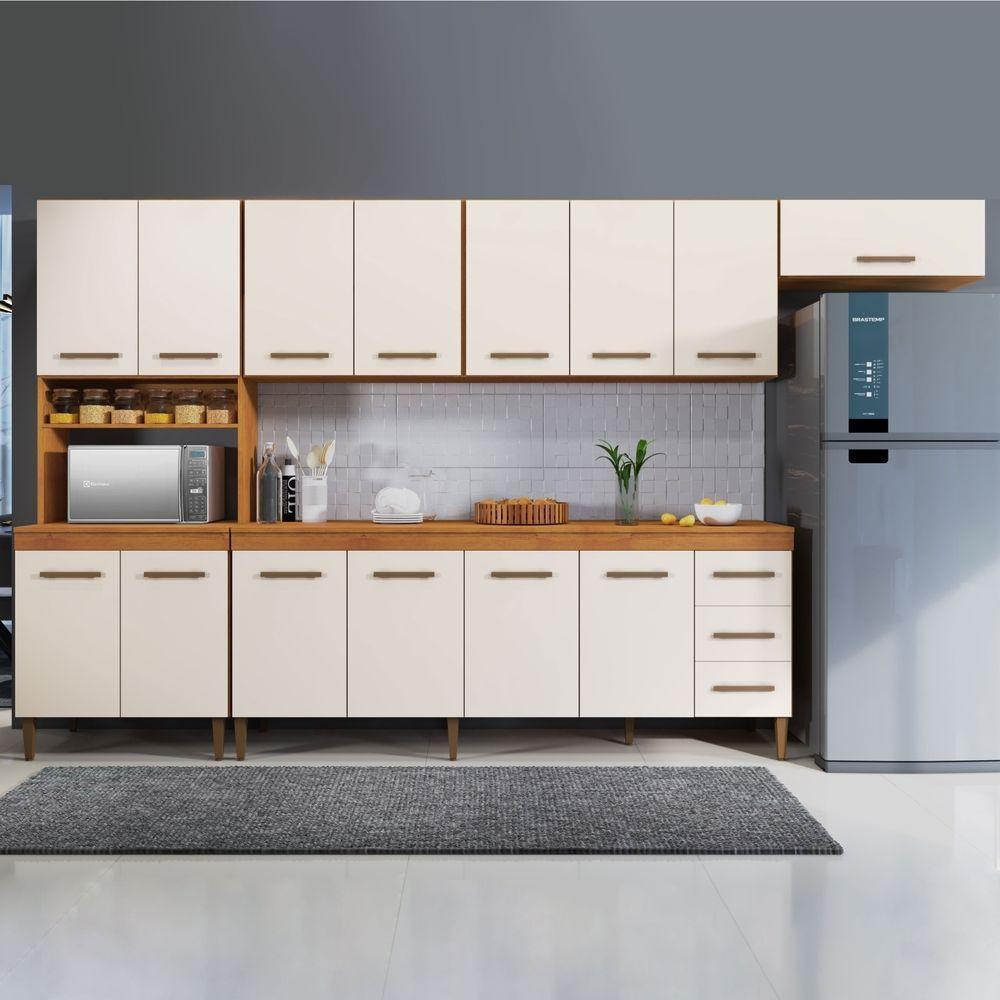 Cozinha Completa 14 Portas 3 Gavetas Atenas Kaiki Moveis Nature/Off White. - 2