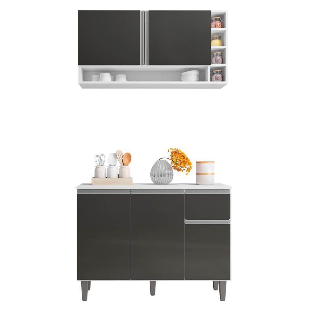 Balcão Gabinete De Cozinha E Armário Aéreo Vanessa Branco Cinza Escuro - Desk Design - 2