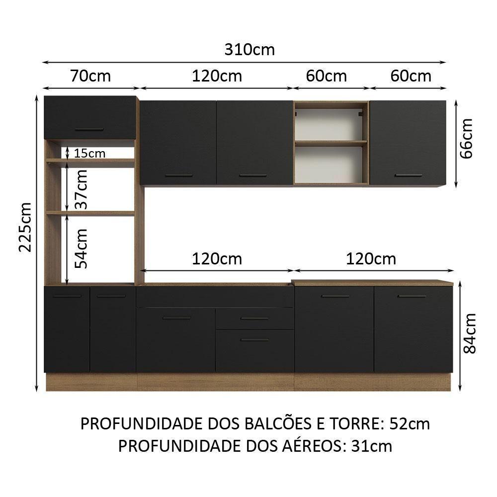 Armário De Cozinha Completa 310cm Rustic/preto Agata Madesa 02 Rustic/preto - 9