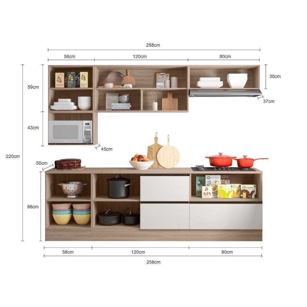 Cozinha Completa Etna 7 Peças Balcão Cooktop Poliman Móveis Carvalho Oak E Off White - 6