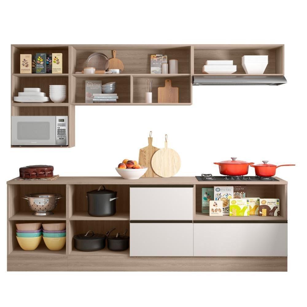 Cozinha Completa Etna 7 Peças Balcão Cooktop Poliman Móveis Carvalho Oak E Off White - 8