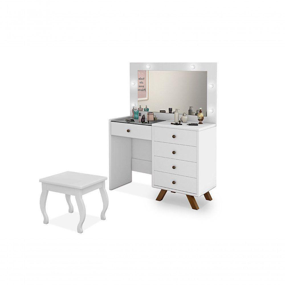 Penteadeira Camarim Com Espelho E Led Com Banqueta Branco - 3