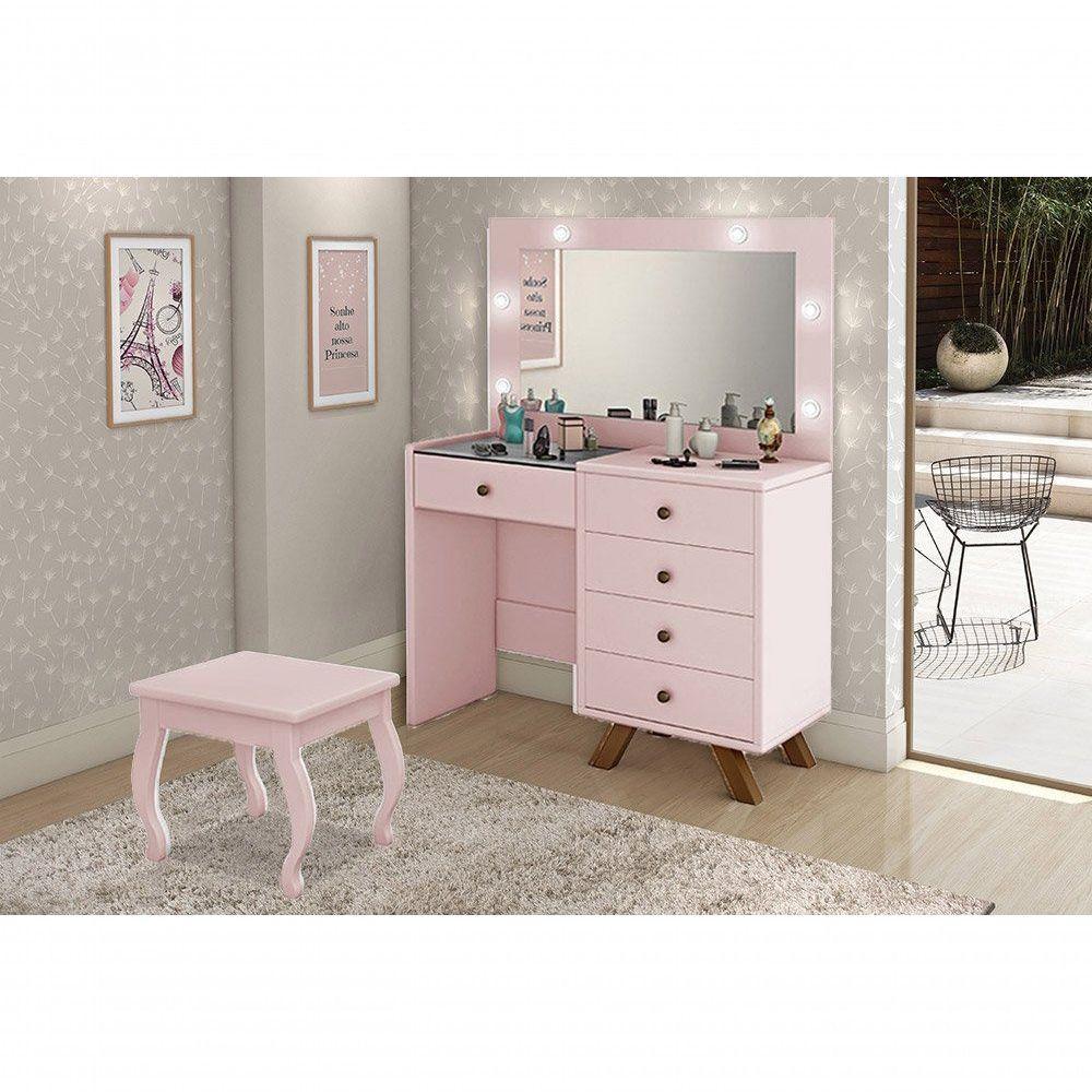 Penteadeira Camarim Com Espelho E Led Com Banqueta Rosê - 1