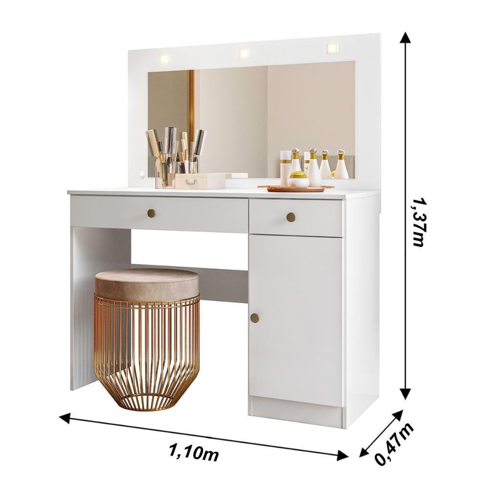 Penteadeira Camarim Com Led 2 Gavetas 1 Porta Branco Bella - 6