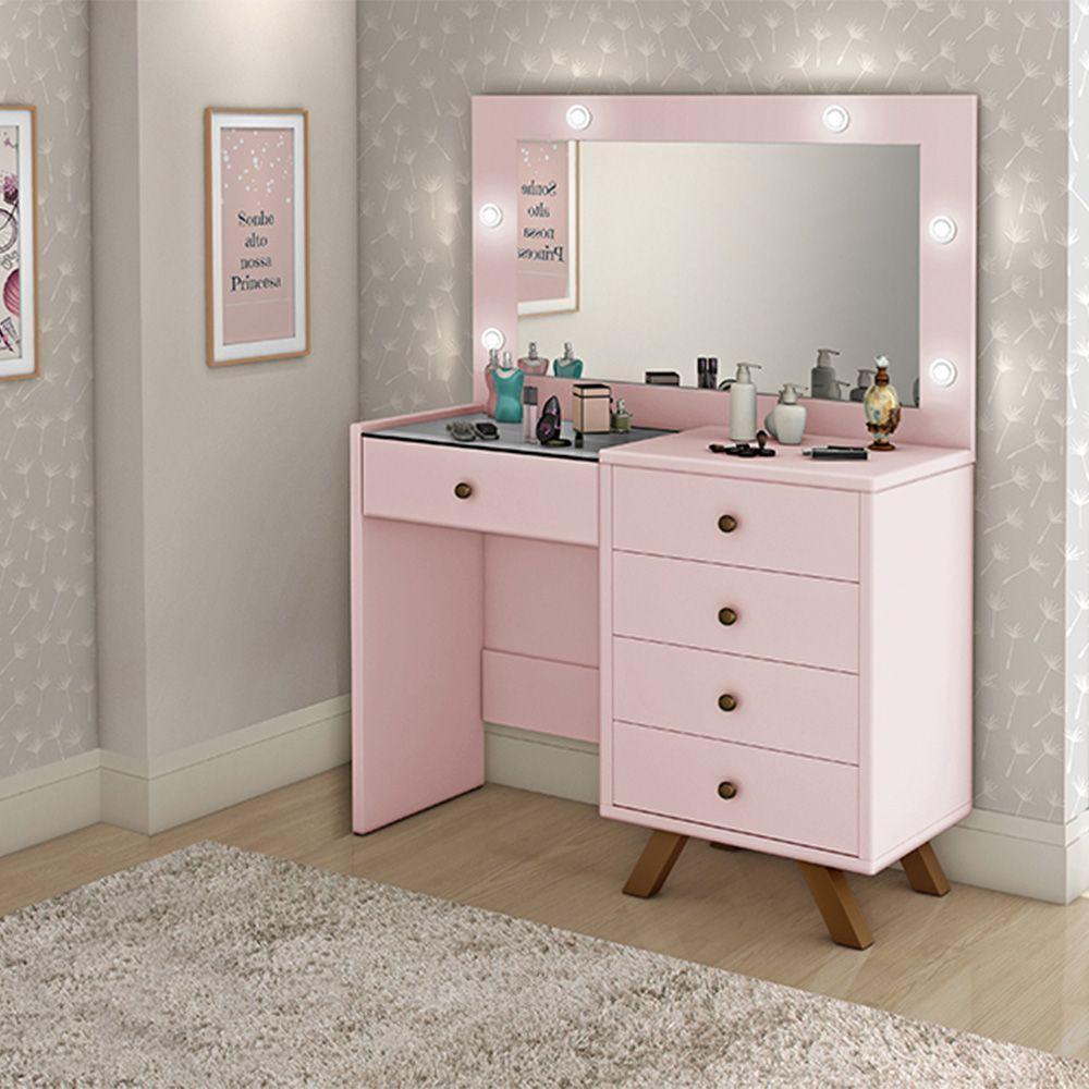 Penteadeira 4 Gavetas e Porta Jóias Com Tampo de Vidro Rose - 4