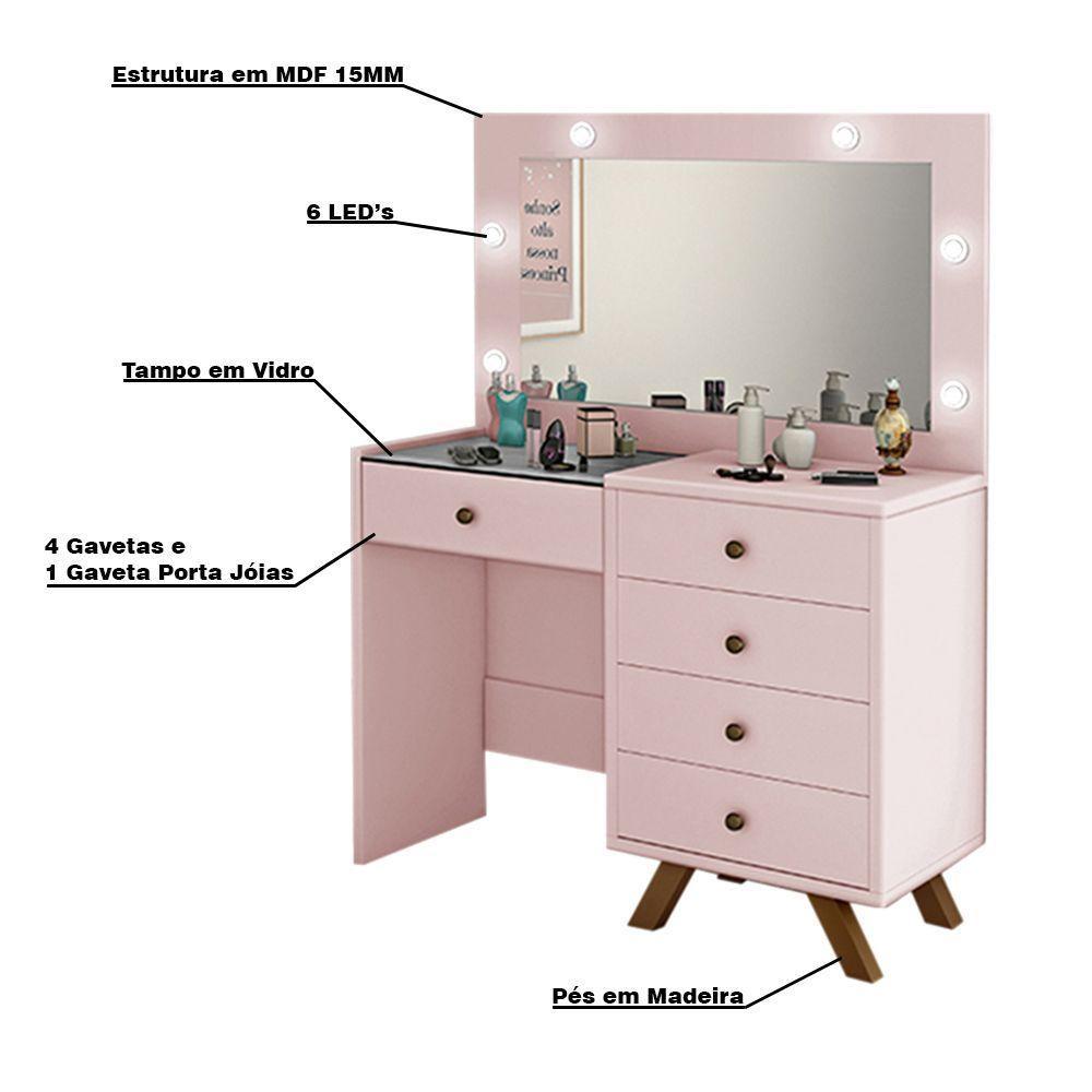Penteadeira 4 Gavetas e Porta Jóias Com Tampo de Vidro Rose - 5