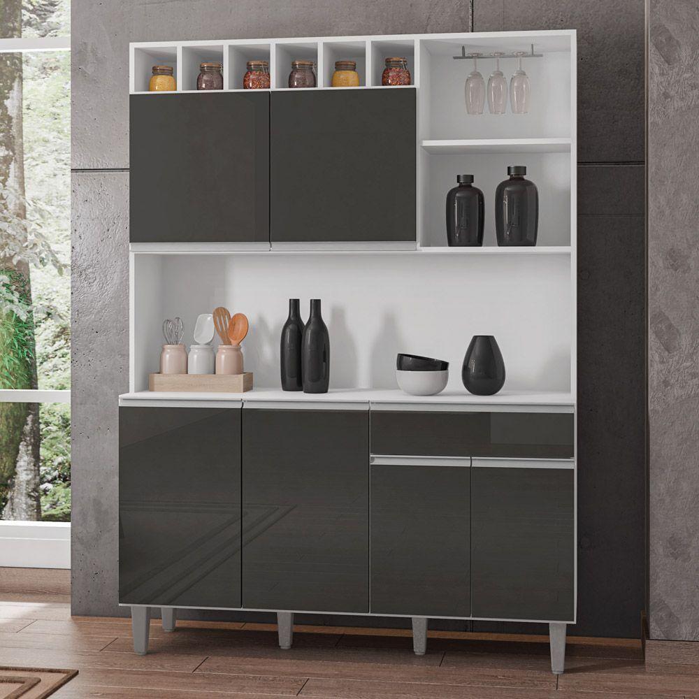 Kit Cozinha Compacta Alice 130cm Com 6 Portas E 1 Gaveta Branco Cinza Escuro - Desk Design - 1