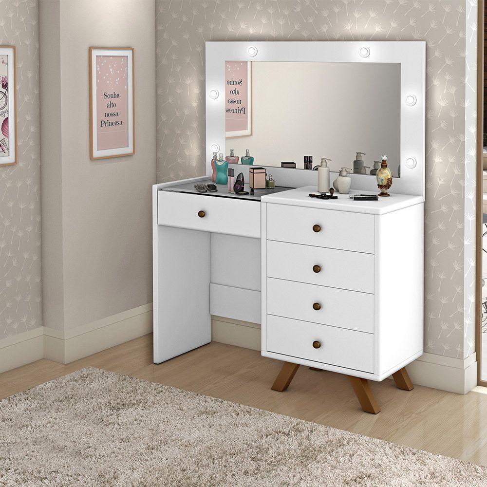 Penteadeira 4 Gavetas e Porta Jóias Tampo de Vidro Branco - 2